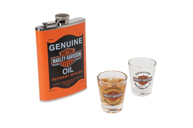 H-D Oil Can Flask and Shot Glass Set